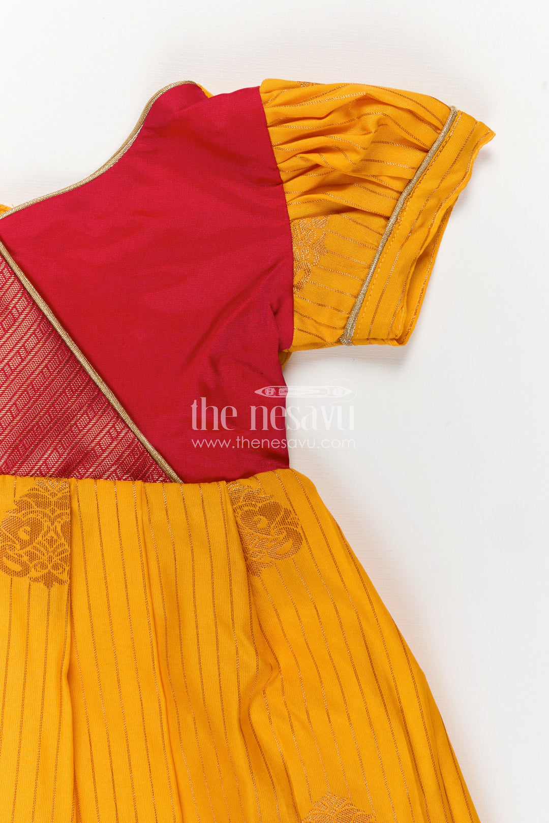 Long Frock Design for Girls in Kanchi Silk with Contrast Yoke and Traditional Zari Border