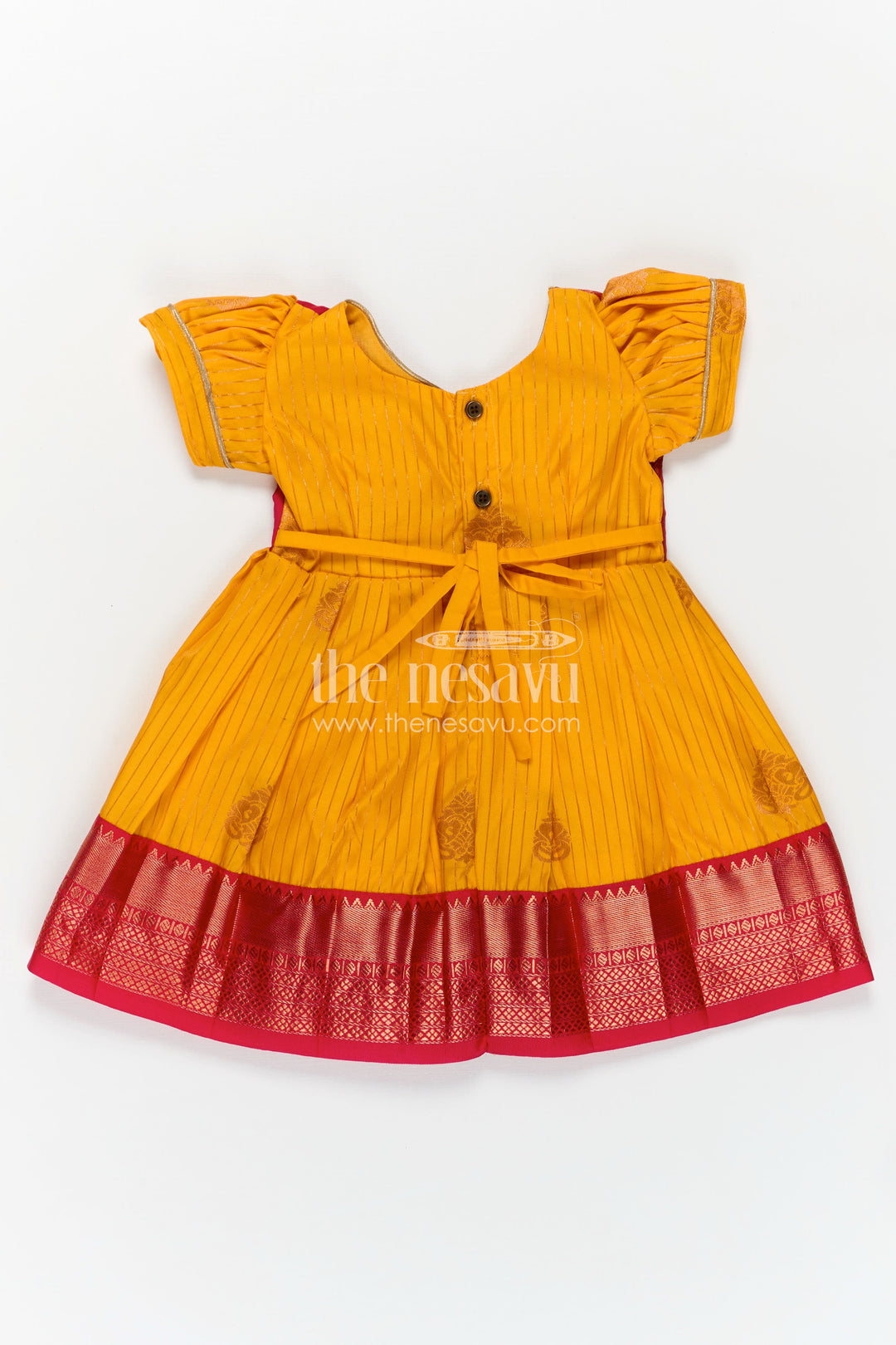 Long Frock Design for Girls in Kanchi Silk with Contrast Yoke and Traditional Zari Border