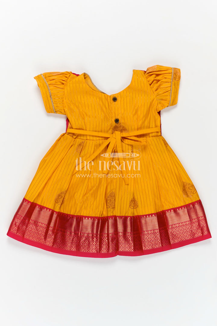 Long Frock Design for Girls in Kanchi Silk with Contrast Yoke and Traditional Zari Border