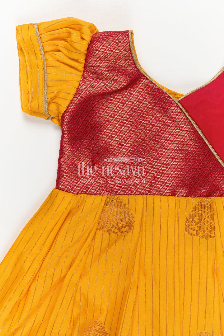 Long Frock Design for Girls in Kanchi Silk with Contrast Yoke and Traditional Zari Border