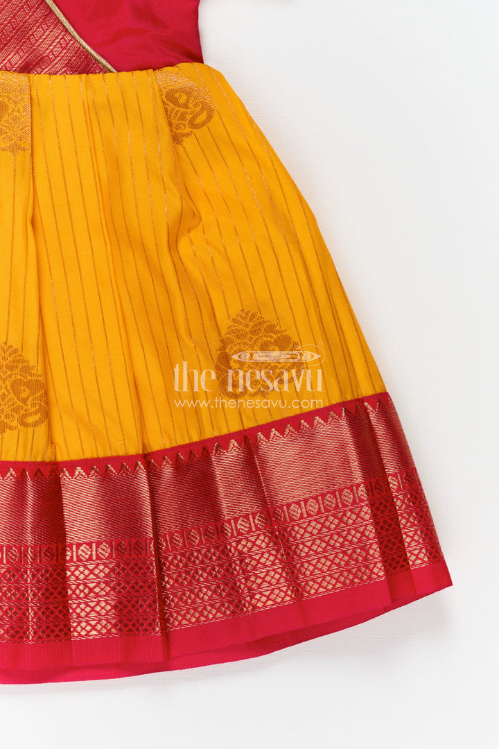 Long Frock Design for Girls in Kanchi Silk with Contrast Yoke and Traditional Zari Border