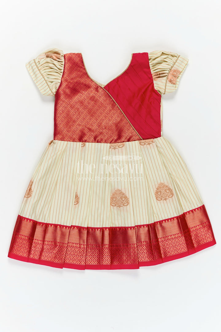 Girls Semi Kanchivaram Silk Long Frock with Pleated Skirt and Puff Sleeves in Red and Cream Combo