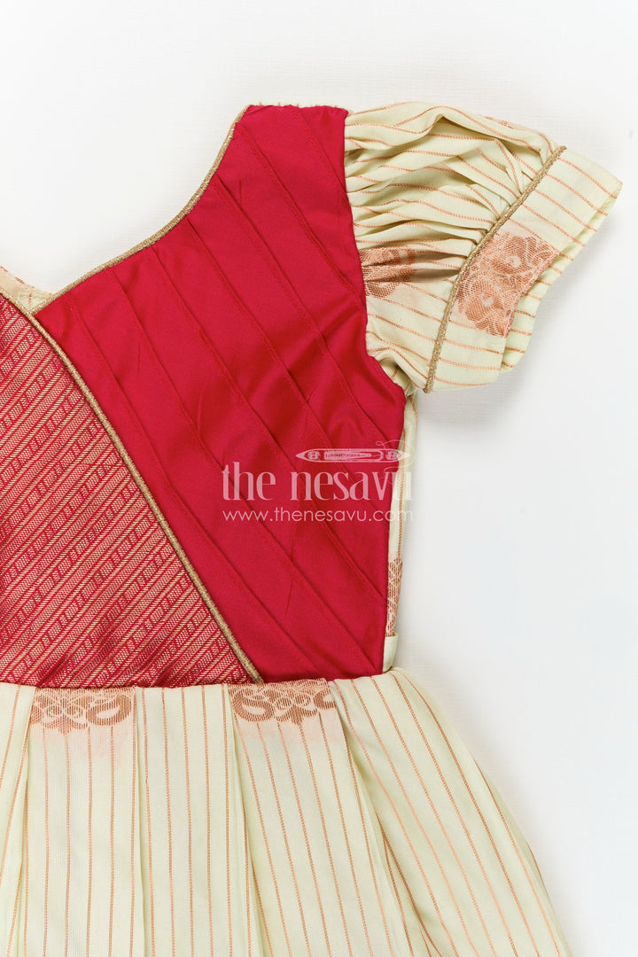 Girls Semi Kanchivaram Silk Long Frock with Pleated Skirt and Puff Sleeves in Red and Cream Combo