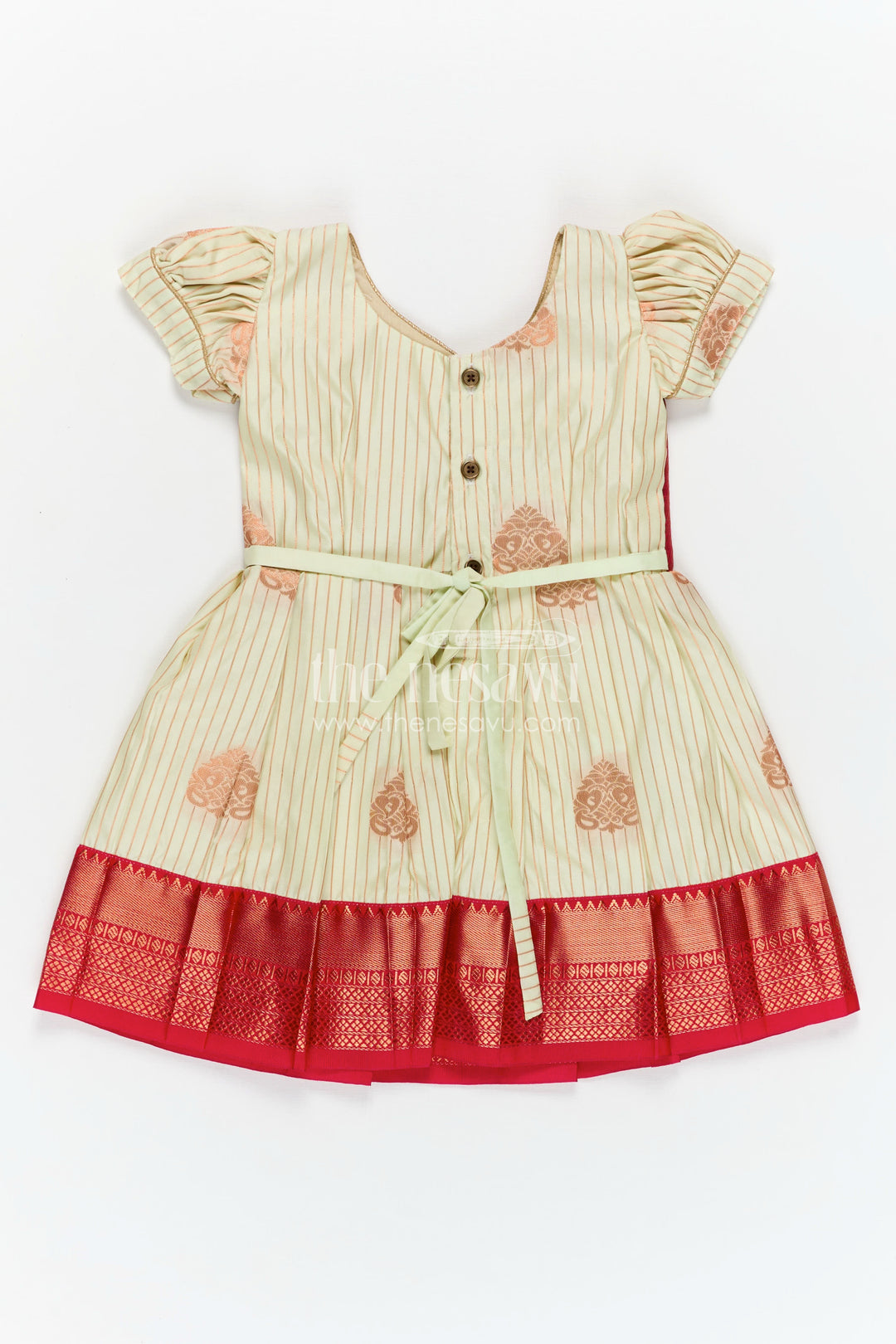Girls Semi Kanchivaram Silk Long Frock with Pleated Skirt and Puff Sleeves in Red and Cream Combo