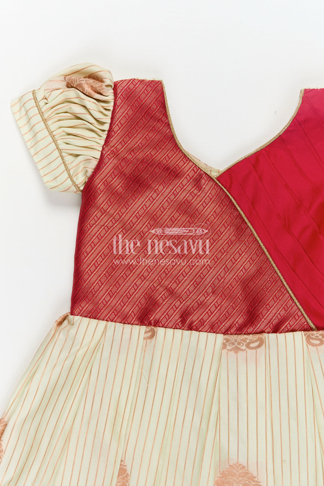 Girls Semi Kanchivaram Silk Long Frock with Pleated Skirt and Puff Sleeves in Red and Cream Combo