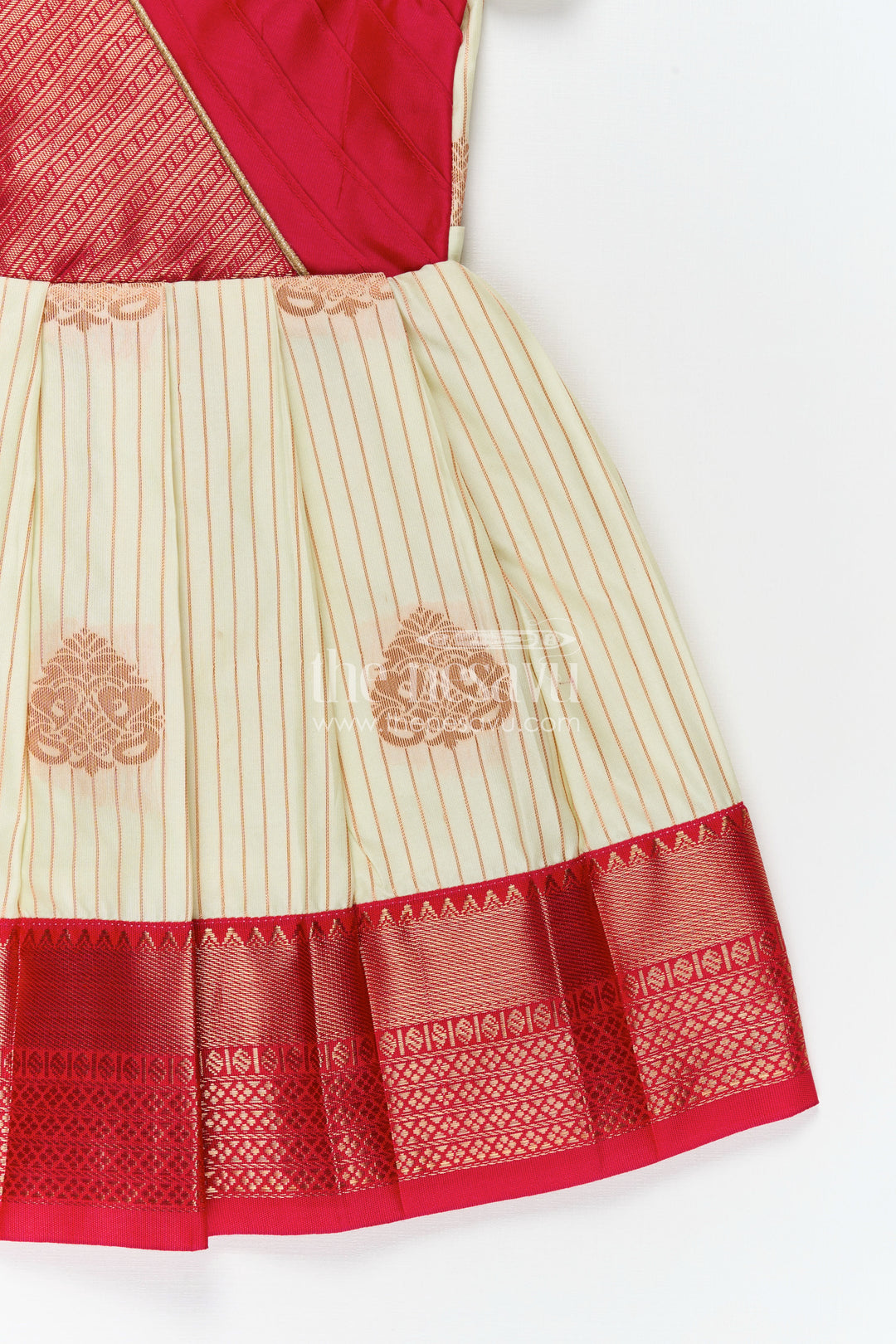 Girls Semi Kanchivaram Silk Long Frock with Pleated Skirt and Puff Sleeves in Red and Cream Combo
