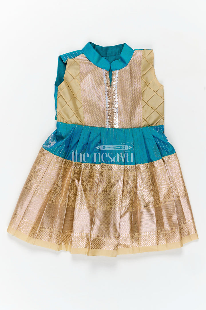 Royal Blue Silk Short Dress for Girls in Semi Kanchivaram Fabric with Lace Embellished Yoke and Pleated Skirt