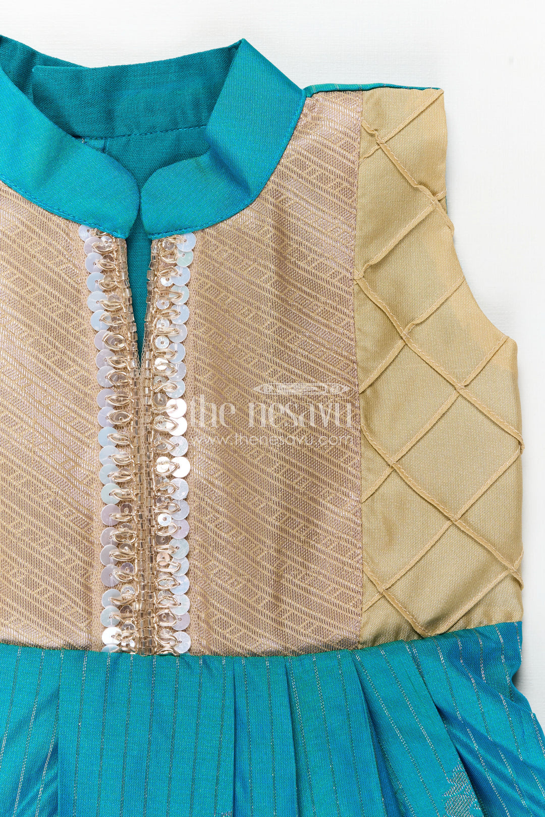 Royal Blue Silk Short Dress for Girls in Semi Kanchivaram Fabric with Lace Embellished Yoke and Pleated Skirt