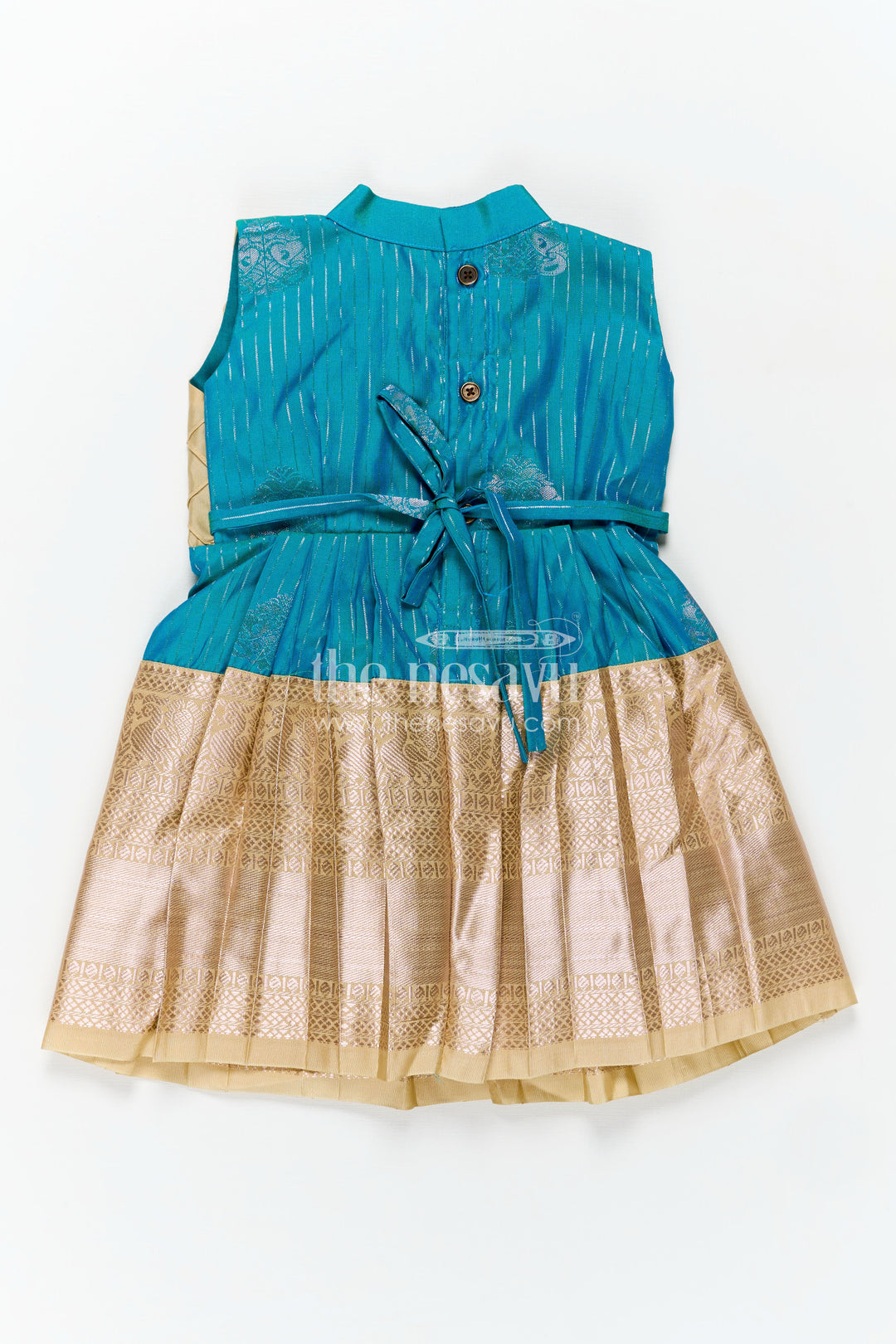 Royal Blue Silk Short Dress for Girls in Semi Kanchivaram Fabric with Lace Embellished Yoke and Pleated Skirt