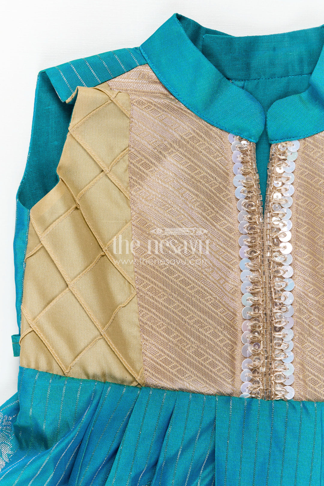 Royal Blue Silk Short Dress for Girls in Semi Kanchivaram Fabric with Lace Embellished Yoke and Pleated Skirt