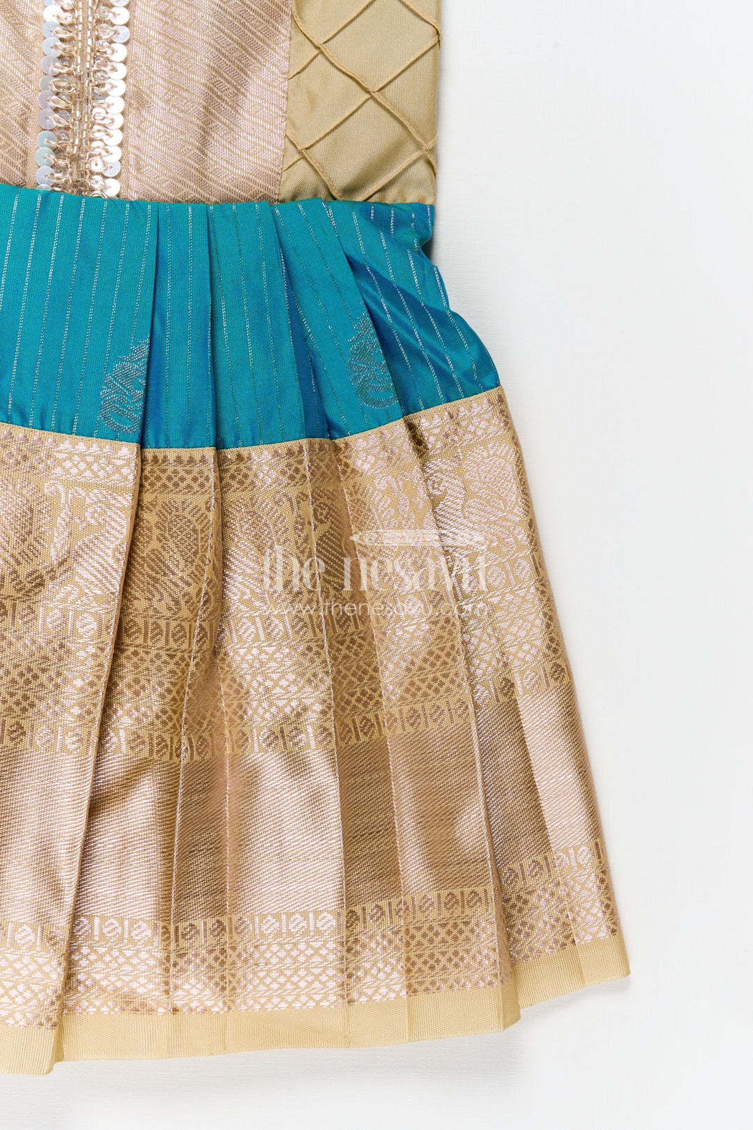 Royal Blue Silk Short Dress for Girls in Semi Kanchivaram Fabric with Lace Embellished Yoke and Pleated Skirt