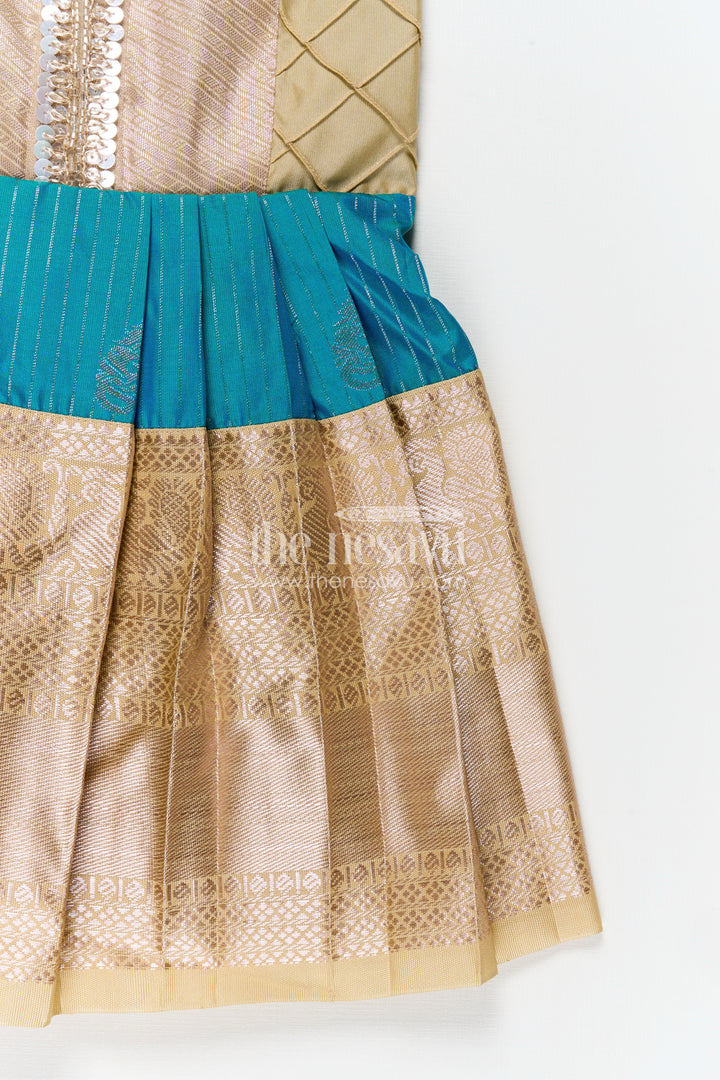 Royal Blue Silk Short Dress for Girls in Semi Kanchivaram Fabric with Lace Embellished Yoke and Pleated Skirt