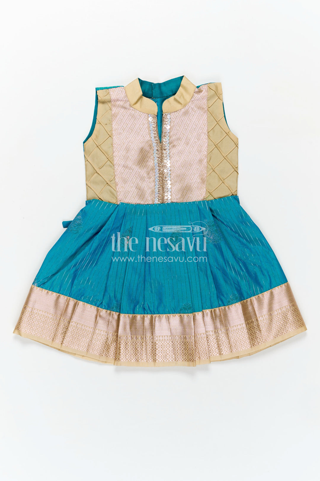 Royal Blue Silk Short Dress for Girls in Semi Kanchivaram Fabric with Lace Embellished Yoke and Pleated Skirt