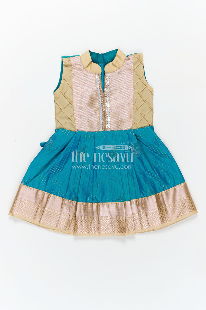 Royal Blue Silk Short Dress for Girls in Semi Kanchivaram Fabric with Lace Embellished Yoke and Pleated Skirt