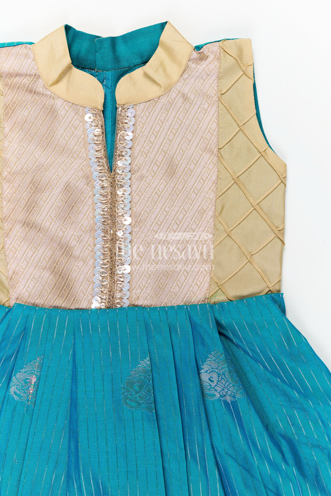 Royal Blue Silk Short Dress for Girls in Semi Kanchivaram Fabric with Lace Embellished Yoke and Pleated Skirt