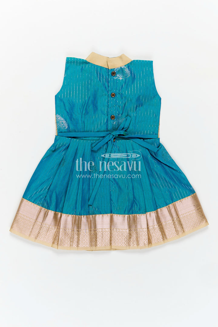 Royal Blue Silk Short Dress for Girls in Semi Kanchivaram Fabric with Lace Embellished Yoke and Pleated Skirt