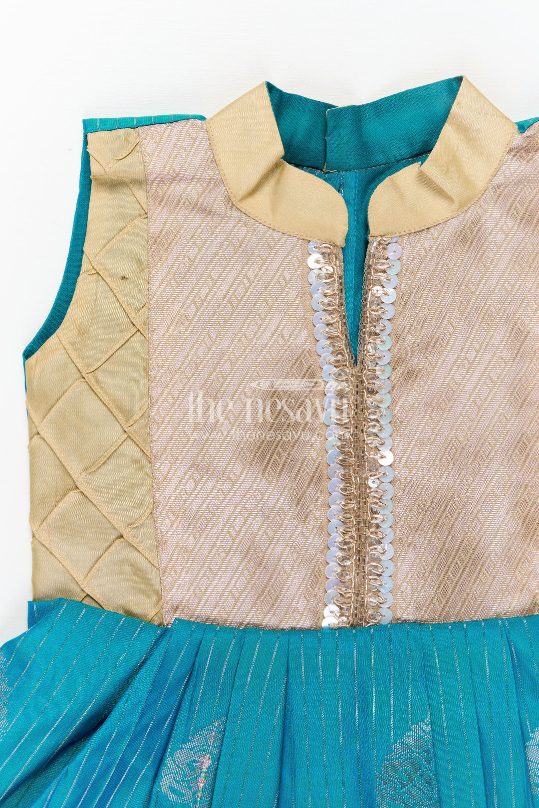 Royal Blue Silk Short Dress for Girls in Semi Kanchivaram Fabric with Lace Embellished Yoke and Pleated Skirt