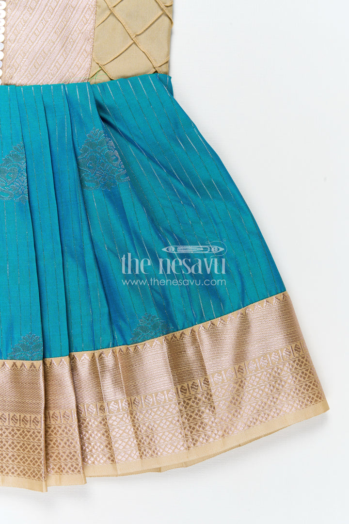 Royal Blue Silk Short Dress for Girls in Semi Kanchivaram Fabric with Lace Embellished Yoke and Pleated Skirt