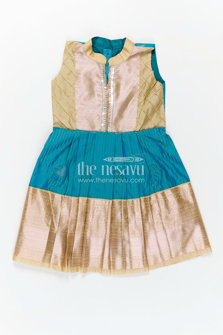 Royal Blue Silk Short Dress for Girls in Semi Kanchivaram Fabric with Lace Embellished Yoke and Pleated Skirt