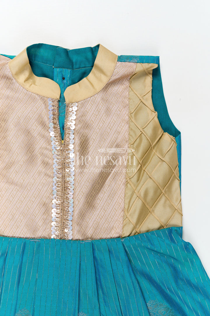 Royal Blue Silk Short Dress for Girls in Semi Kanchivaram Fabric with Lace Embellished Yoke and Pleated Skirt