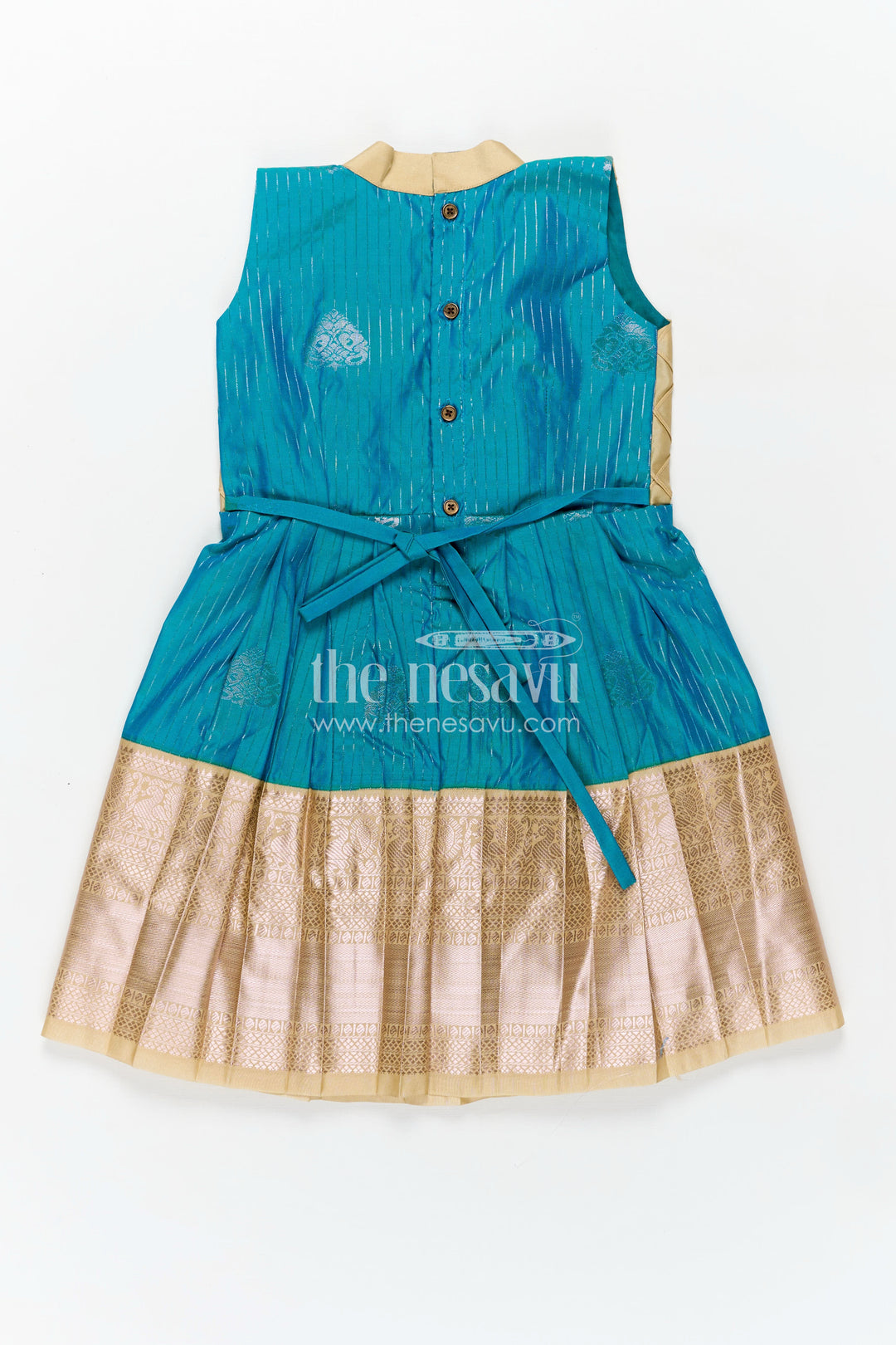 Royal Blue Silk Short Dress for Girls in Semi Kanchivaram Fabric with Lace Embellished Yoke and Pleated Skirt