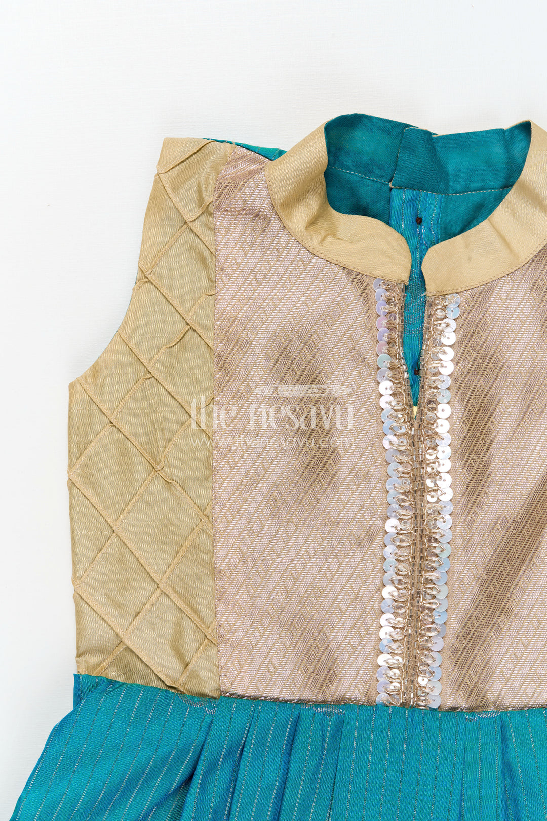 Royal Blue Silk Short Dress for Girls in Semi Kanchivaram Fabric with Lace Embellished Yoke and Pleated Skirt