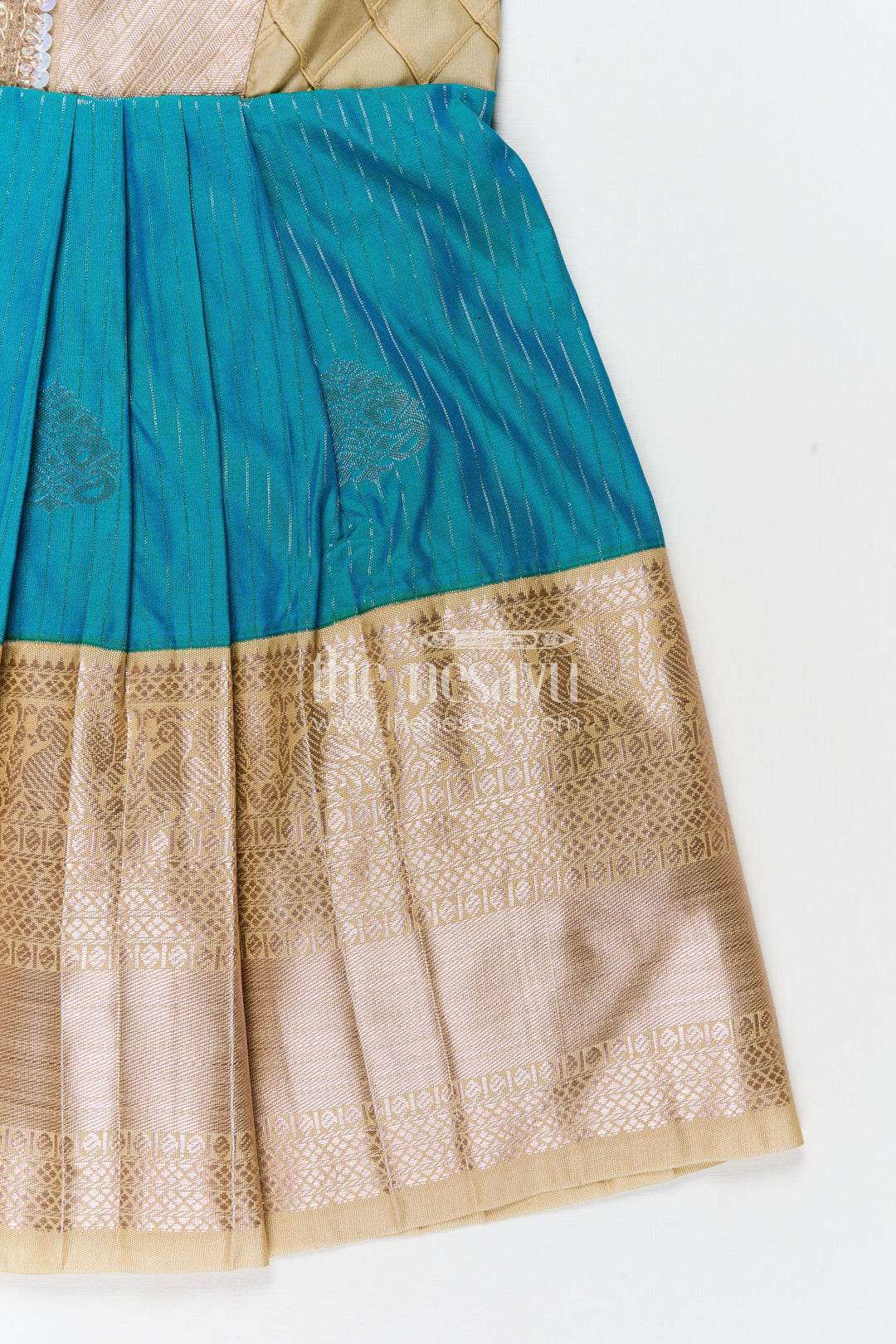 Royal Blue Silk Short Dress for Girls in Semi Kanchivaram Fabric with Lace Embellished Yoke and Pleated Skirt