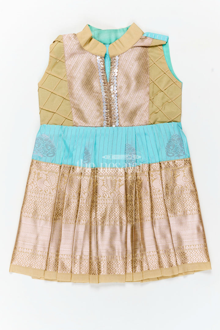 Light Blue Ethnic Dress for Girls in Semi Kanchivaram Silk with Lace Embellished Yoke and Gold Pleated Skirt