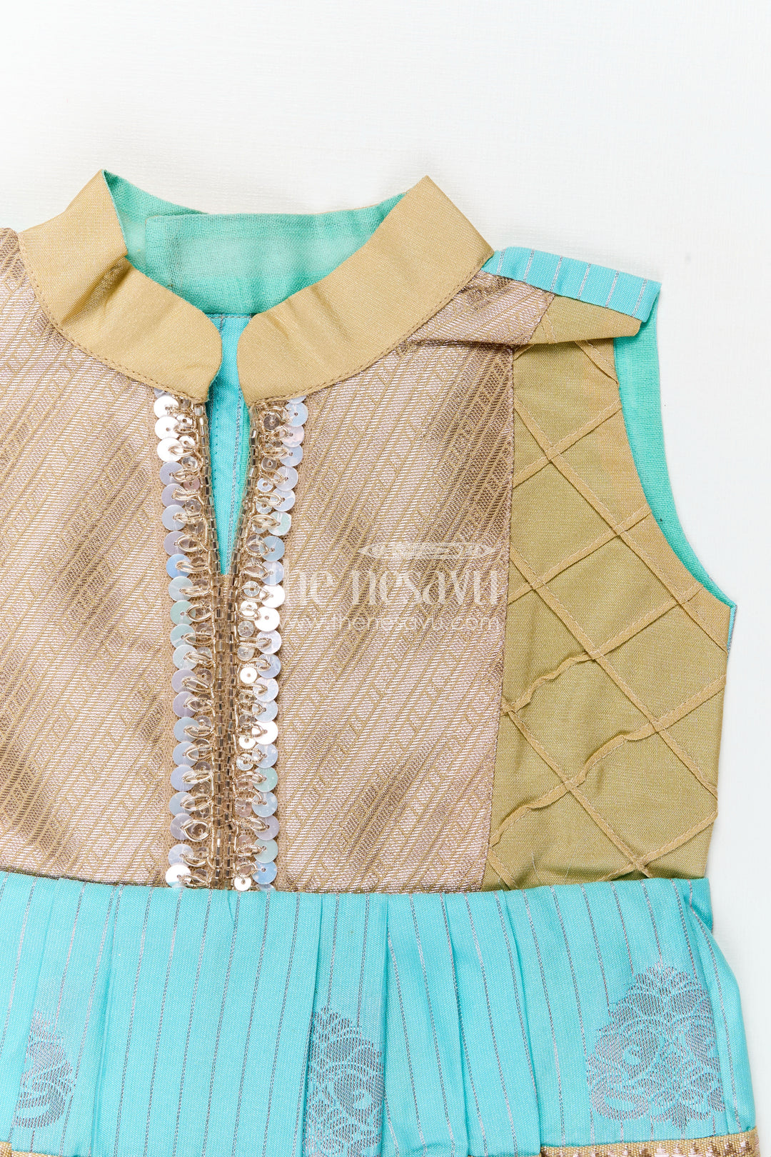 Light Blue Ethnic Dress for Girls in Semi Kanchivaram Silk with Lace Embellished Yoke and Gold Pleated Skirt