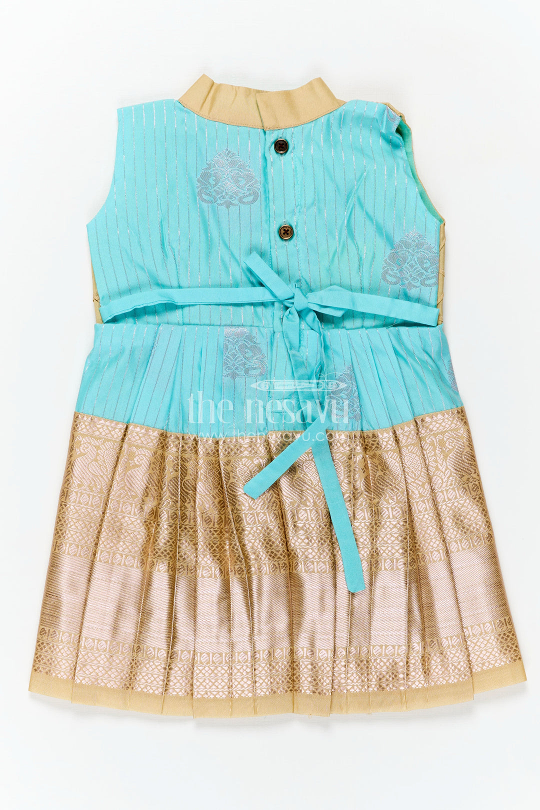 Light Blue Ethnic Dress for Girls in Semi Kanchivaram Silk with Lace Embellished Yoke and Gold Pleated Skirt