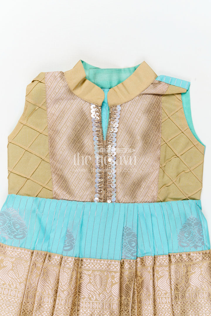 Light Blue Ethnic Dress for Girls in Semi Kanchivaram Silk with Lace Embellished Yoke and Gold Pleated Skirt