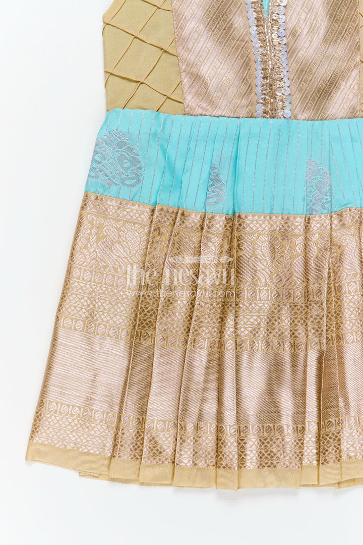 Light Blue Ethnic Dress for Girls in Semi Kanchivaram Silk with Lace Embellished Yoke and Gold Pleated Skirt