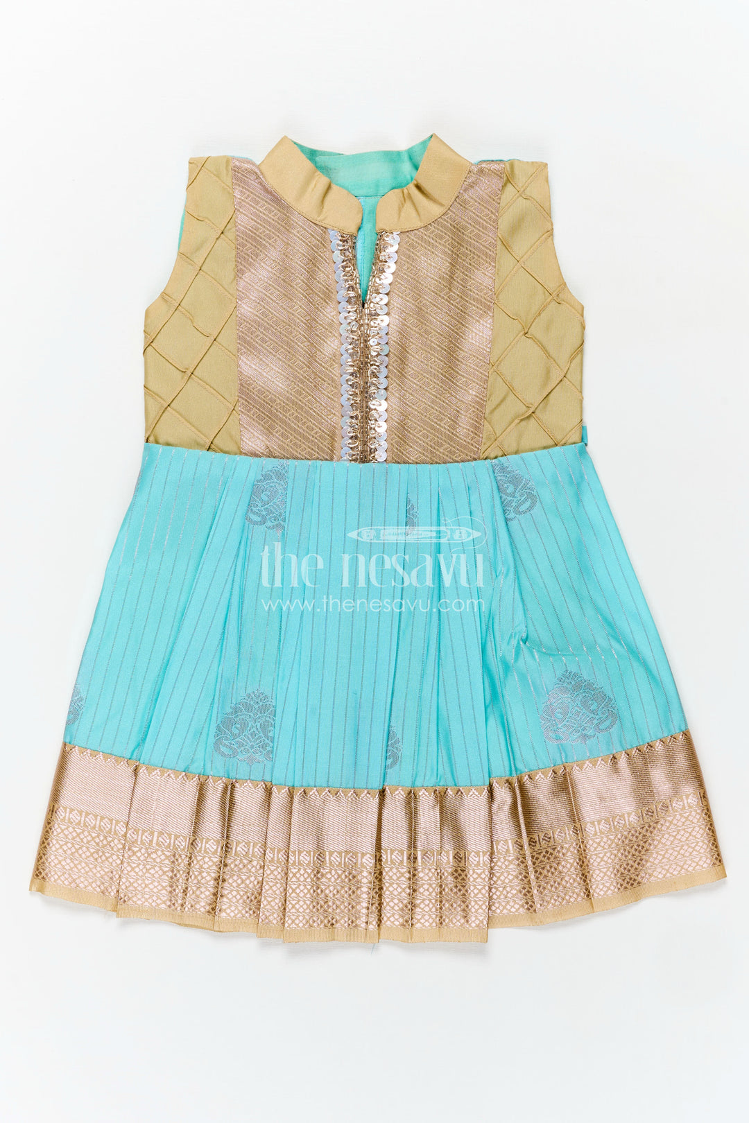 Light Blue Ethnic Dress for Girls in Semi Kanchivaram Silk with Lace Embellished Yoke and Gold Pleated Skirt