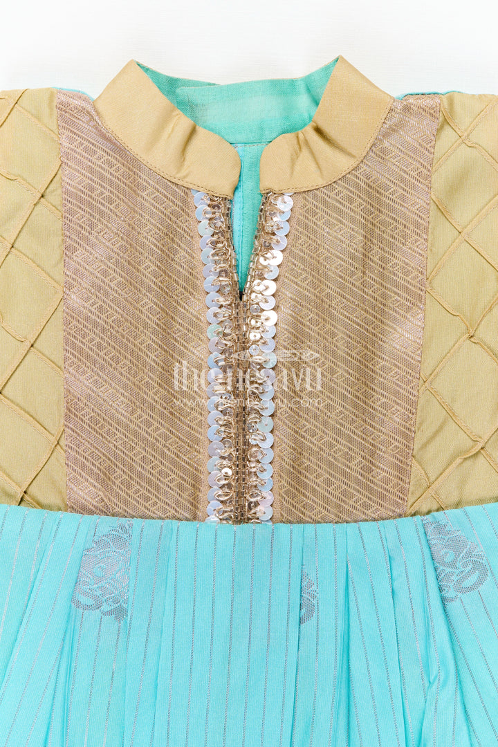 Light Blue Ethnic Dress for Girls in Semi Kanchivaram Silk with Lace Embellished Yoke and Gold Pleated Skirt
