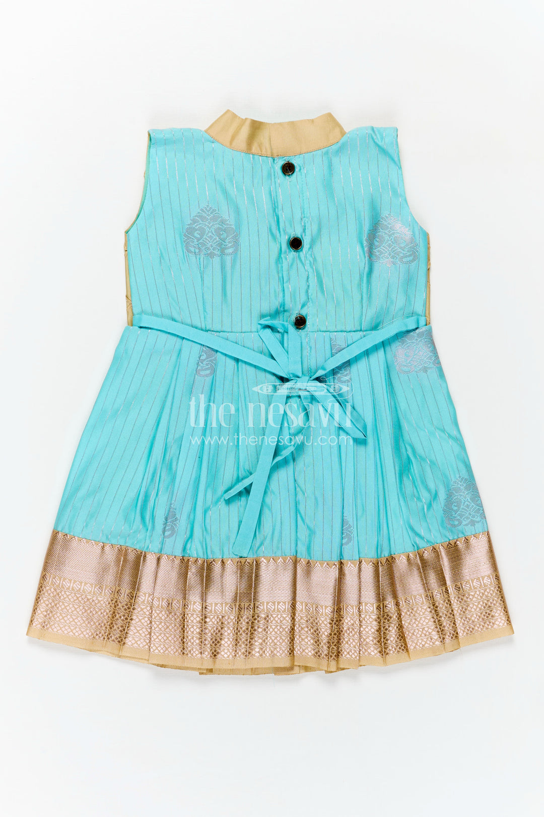 Light Blue Ethnic Dress for Girls in Semi Kanchivaram Silk with Lace Embellished Yoke and Gold Pleated Skirt