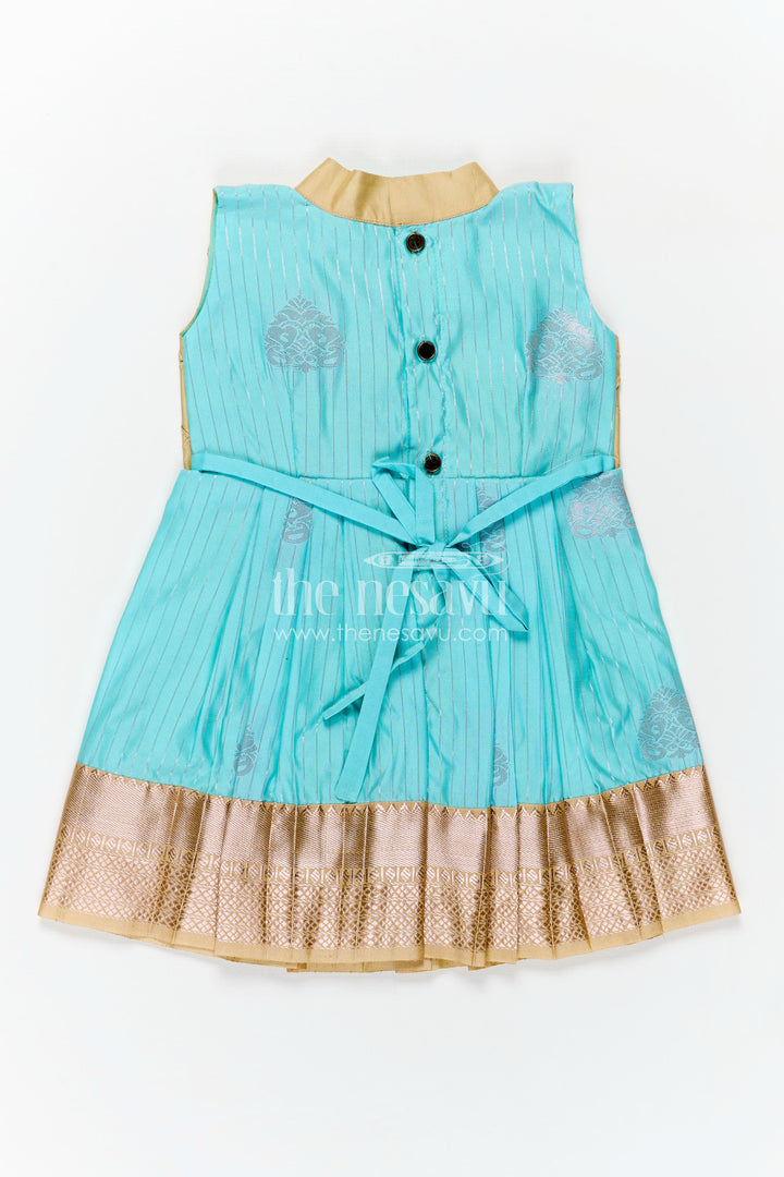 Light Blue Ethnic Dress for Girls in Semi Kanchivaram Silk with Lace Embellished Yoke and Gold Pleated Skirt