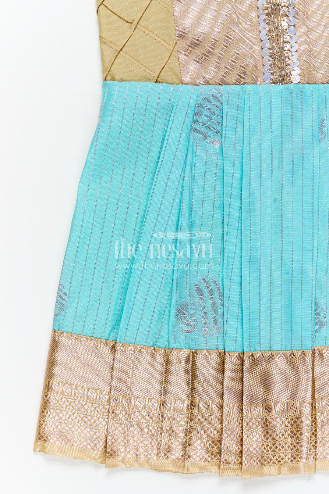 Light Blue Ethnic Dress for Girls in Semi Kanchivaram Silk with Lace Embellished Yoke and Gold Pleated Skirt