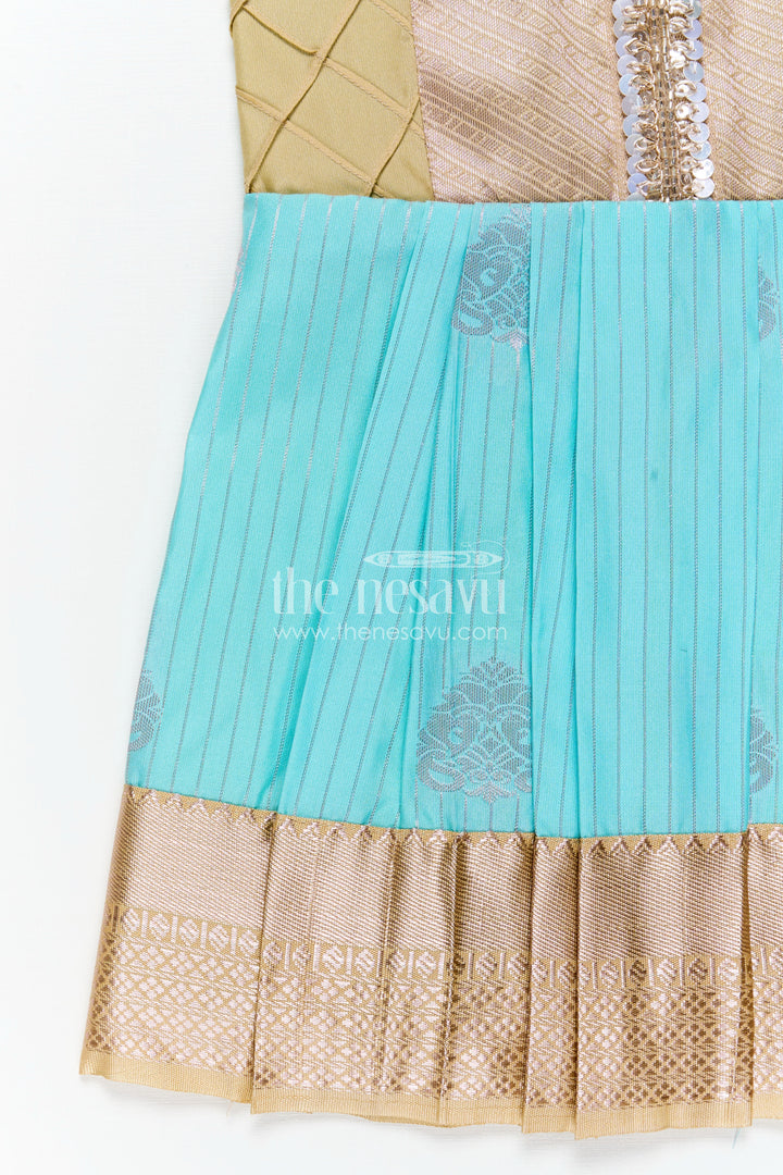 Light Blue Ethnic Dress for Girls in Semi Kanchivaram Silk with Lace Embellished Yoke and Gold Pleated Skirt