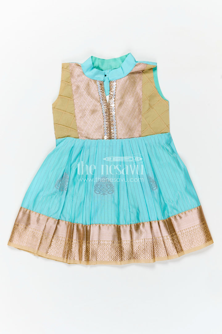 Light Blue Ethnic Dress for Girls in Semi Kanchivaram Silk with Lace Embellished Yoke and Gold Pleated Skirt