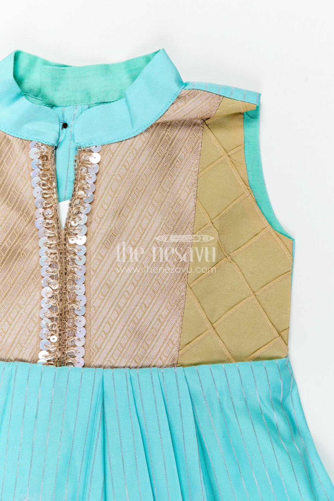 Light Blue Ethnic Dress for Girls in Semi Kanchivaram Silk with Lace Embellished Yoke and Gold Pleated Skirt