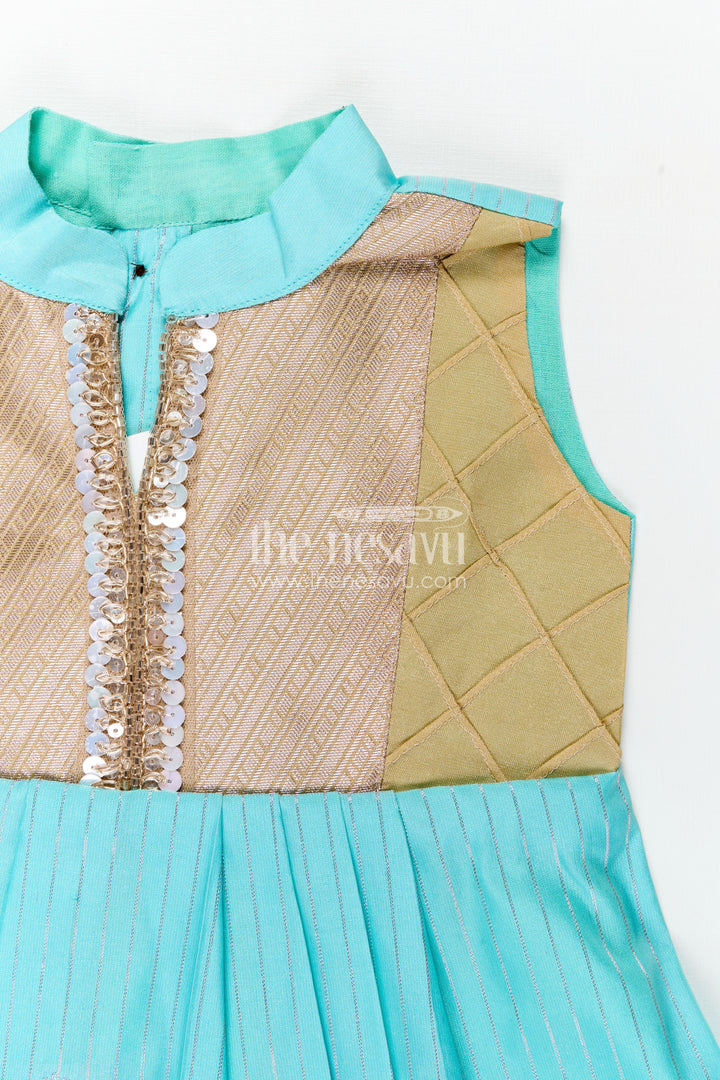 Light Blue Ethnic Dress for Girls in Semi Kanchivaram Silk with Lace Embellished Yoke and Gold Pleated Skirt