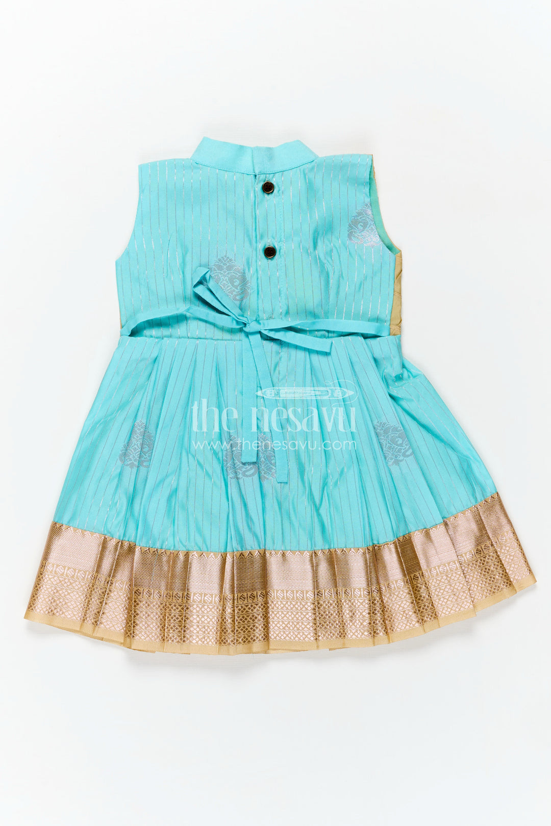 Light Blue Ethnic Dress for Girls in Semi Kanchivaram Silk with Lace Embellished Yoke and Gold Pleated Skirt