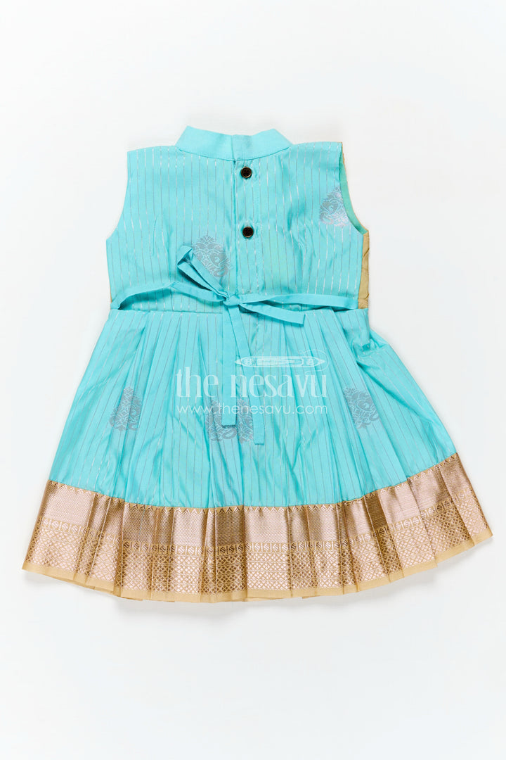 Light Blue Ethnic Dress for Girls in Semi Kanchivaram Silk with Lace Embellished Yoke and Gold Pleated Skirt