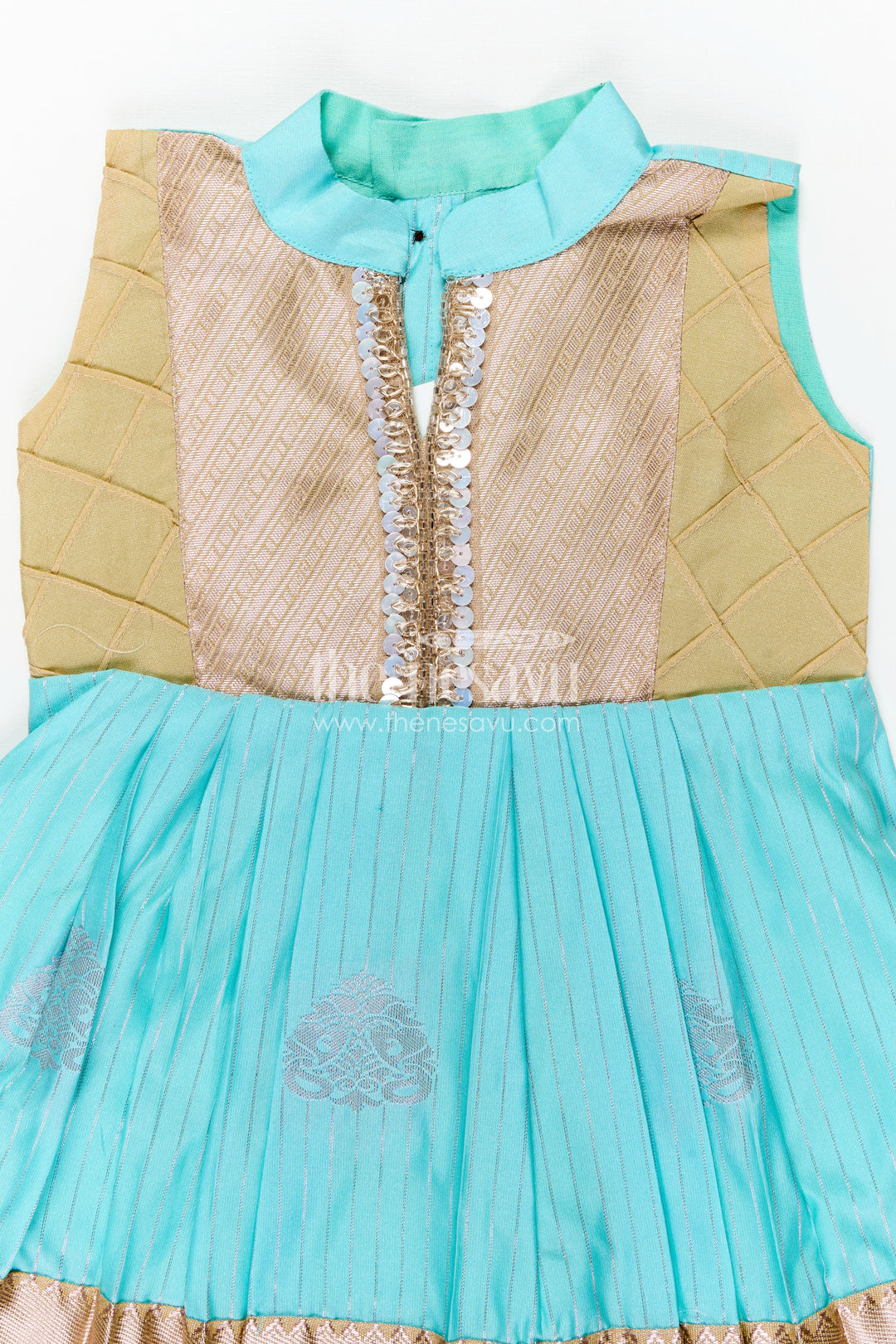 Light Blue Ethnic Dress for Girls in Semi Kanchivaram Silk with Lace Embellished Yoke and Gold Pleated Skirt
