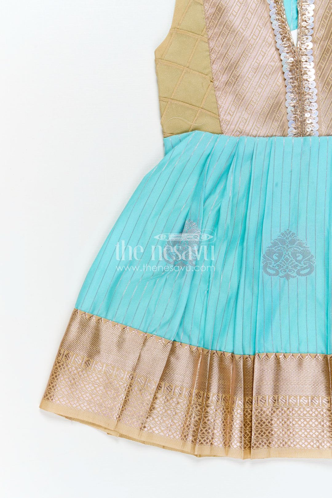 Light Blue Ethnic Dress for Girls in Semi Kanchivaram Silk with Lace Embellished Yoke and Gold Pleated Skirt