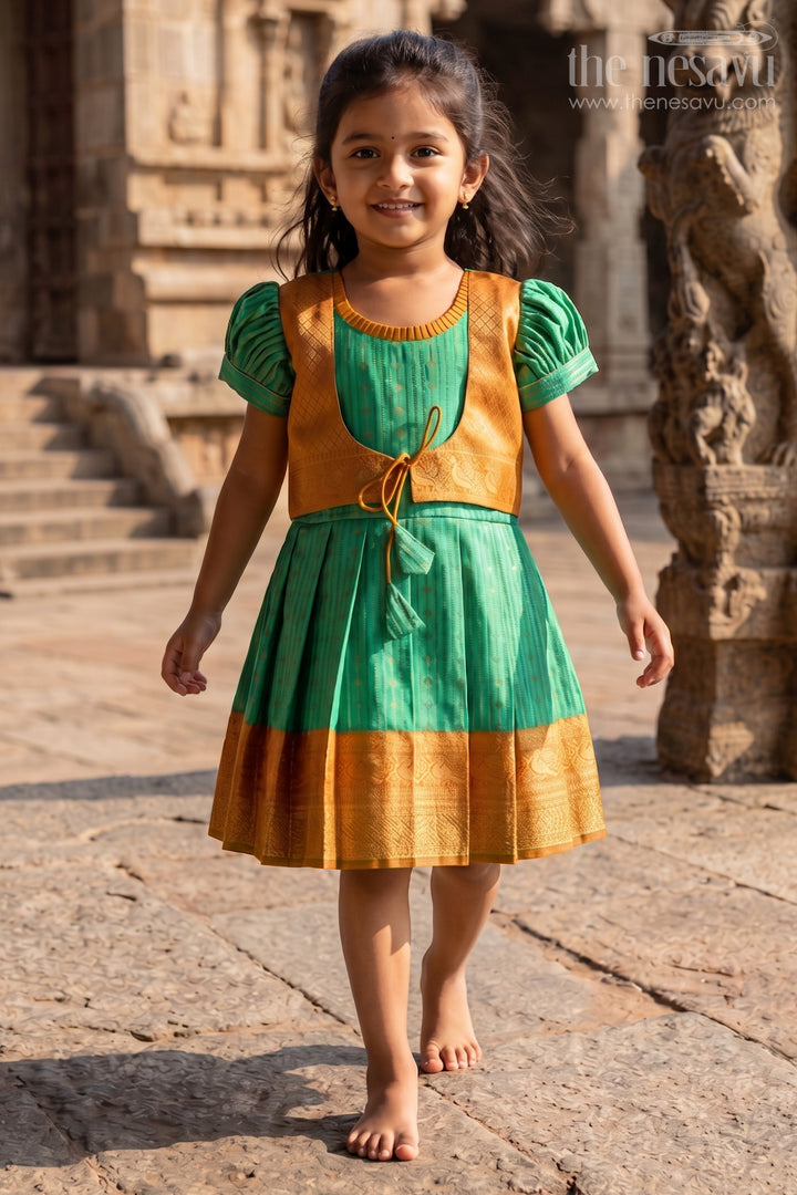 Elegant Green and Gold Pattu Full Frock for Girls with Traditional Zari Weaving
