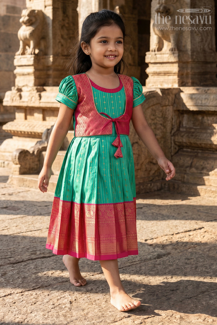 Girls Kanchivaram Silk Design Frock with Puff Sleeves Green Body and Maroon Zari Border Overlay