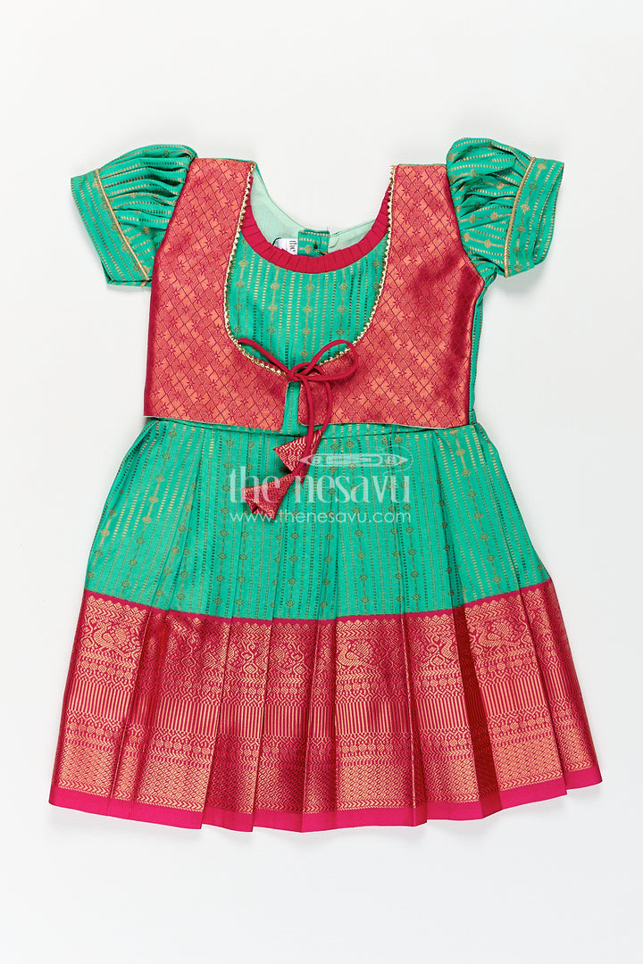 Girls Kanchivaram Silk Design Frock with Puff Sleeves Green Body and Maroon Zari Border Overlay
