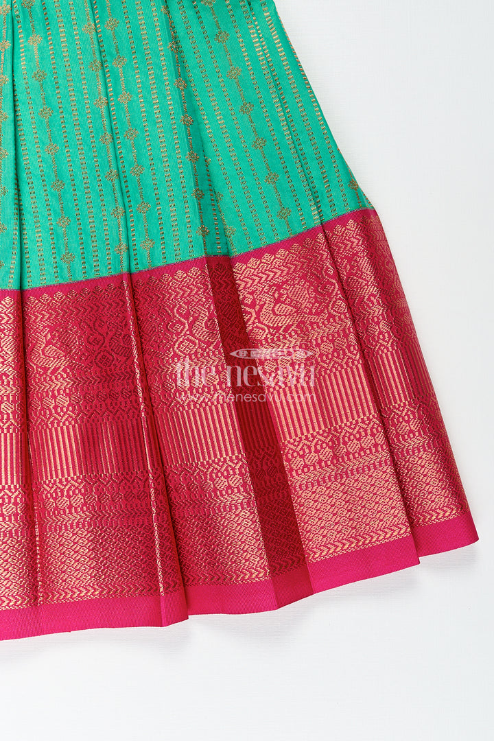 Girls Kanchivaram Silk Design Frock with Puff Sleeves Green Body and Maroon Zari Border Overlay