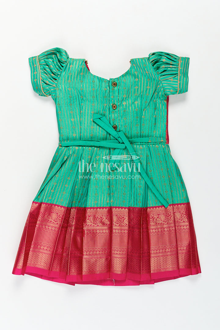 Girls Kanchivaram Silk Design Frock with Puff Sleeves Green Body and Maroon Zari Border Overlay